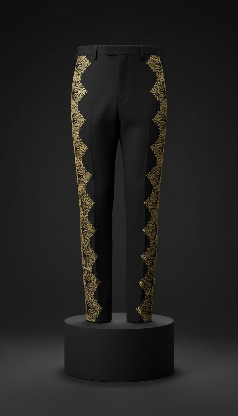 Black Cashmere Trousers with Gold Embroidery