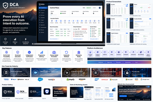 DCA Execution Integrity platform showcase — governed AI execution, evidence, verification, approvals and rollback