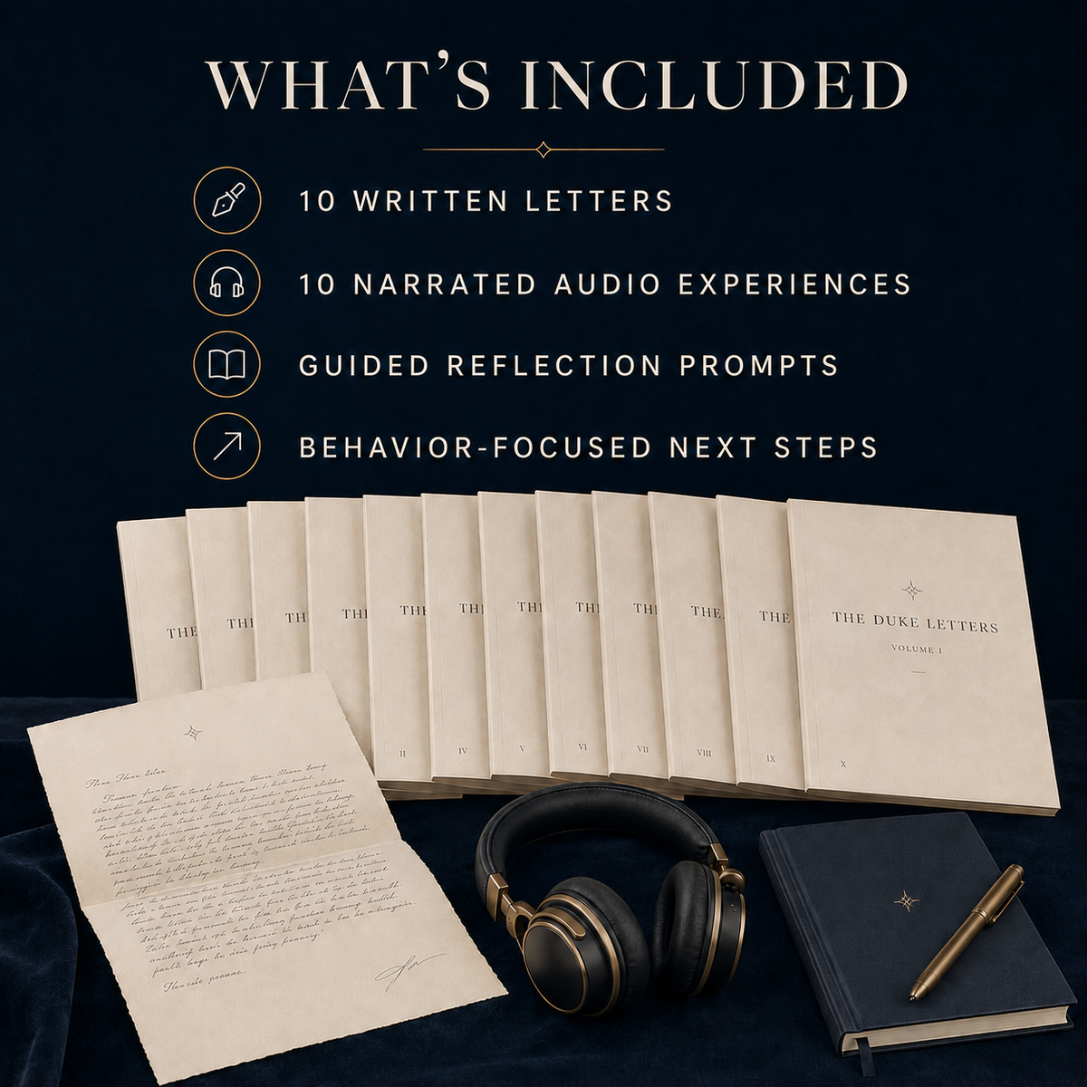 The Duke Letters Volume I contents — 10 written letters, 10 narrated audio experiences, guided reflection prompts, and behavior-focused next steps