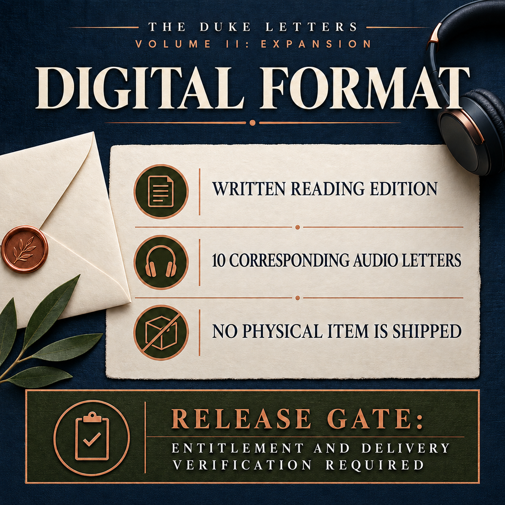 The Duke Letters Volume II digital format and release gate — entitlement and delivery verification required