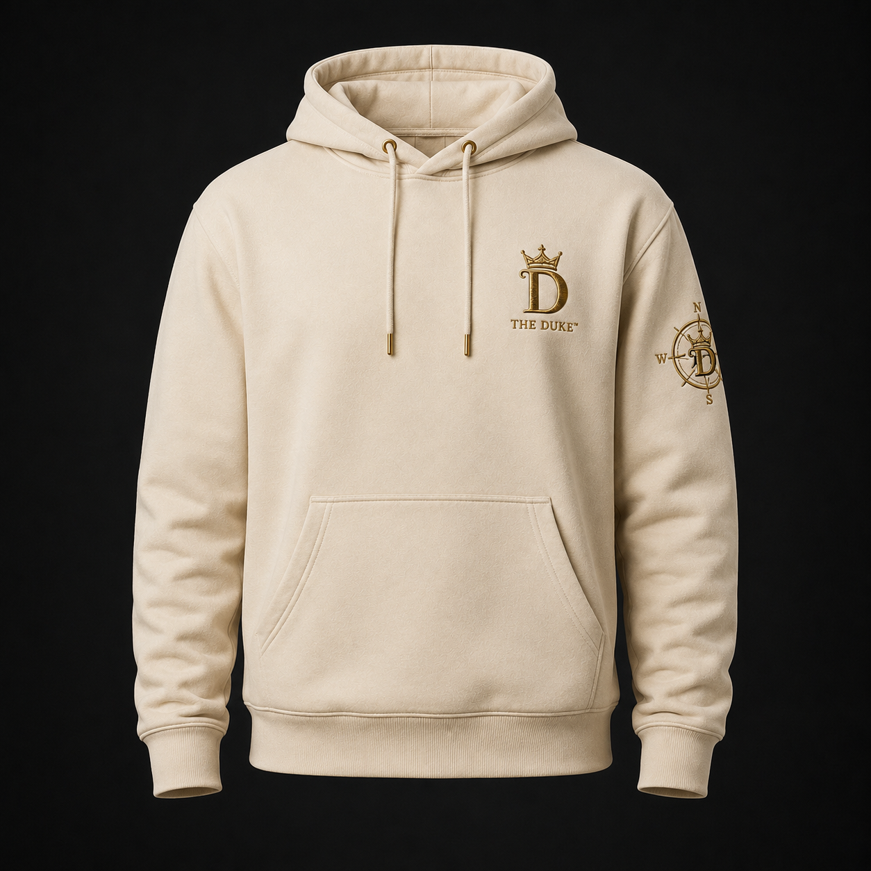 Concept render — bone Duke Signature hoodie with gold details, pre-production visualization only