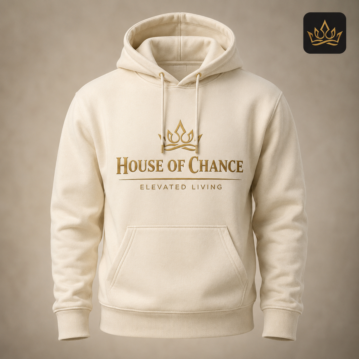 AI concept render — Her Duke Signature cream hoodie direction, pre-production visualization only