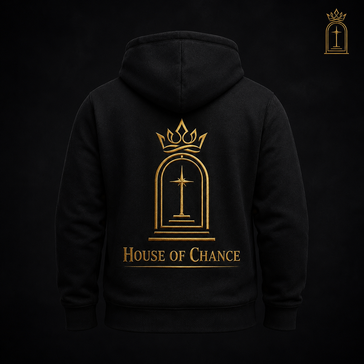 AI concept render — Black Trust Yourself Again hoodie back direction, pre-production visualization only