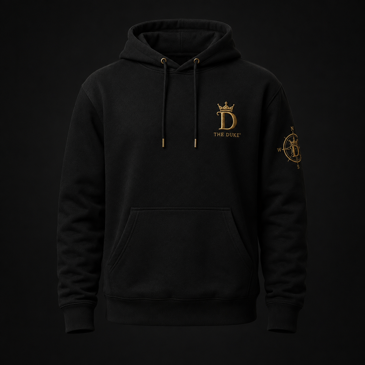 Concept render — black Trust Yourself Again hoodie, pre-production visualization only