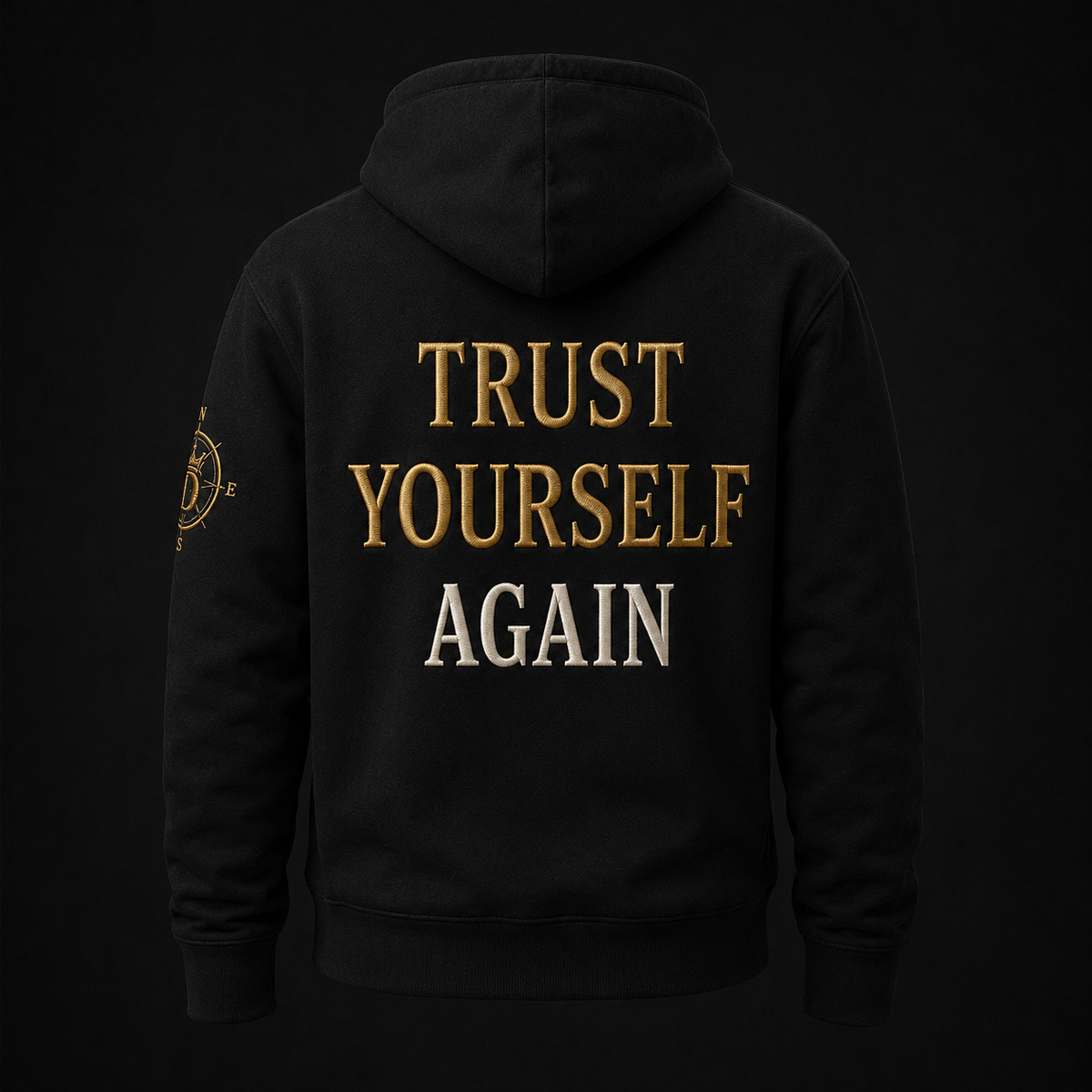 Concept render — embroidered black Trust Yourself Again hoodie, pre-production visualization only