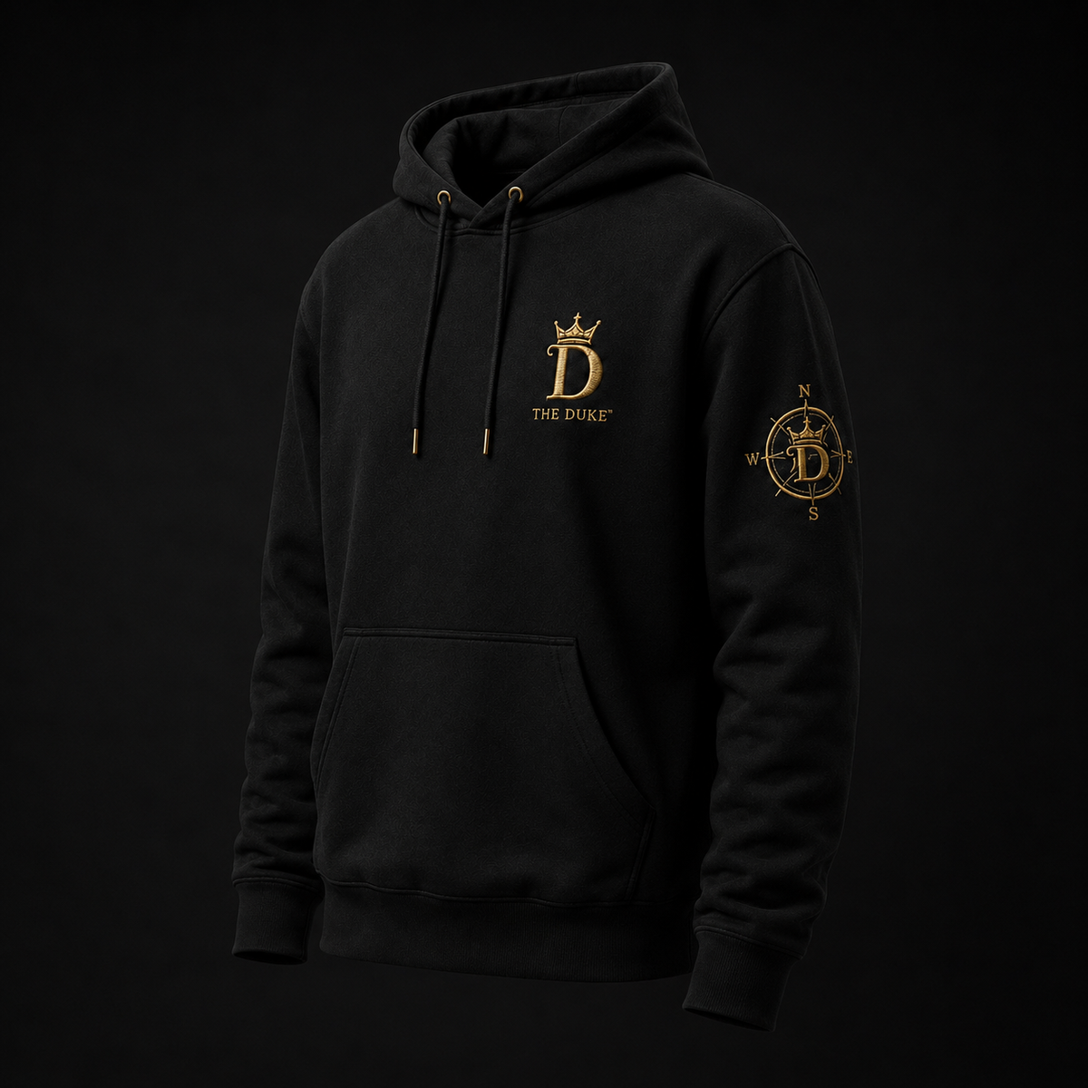 Concept render — black Trust Yourself Again hoodie with gold embroidery, pre-production visualization only