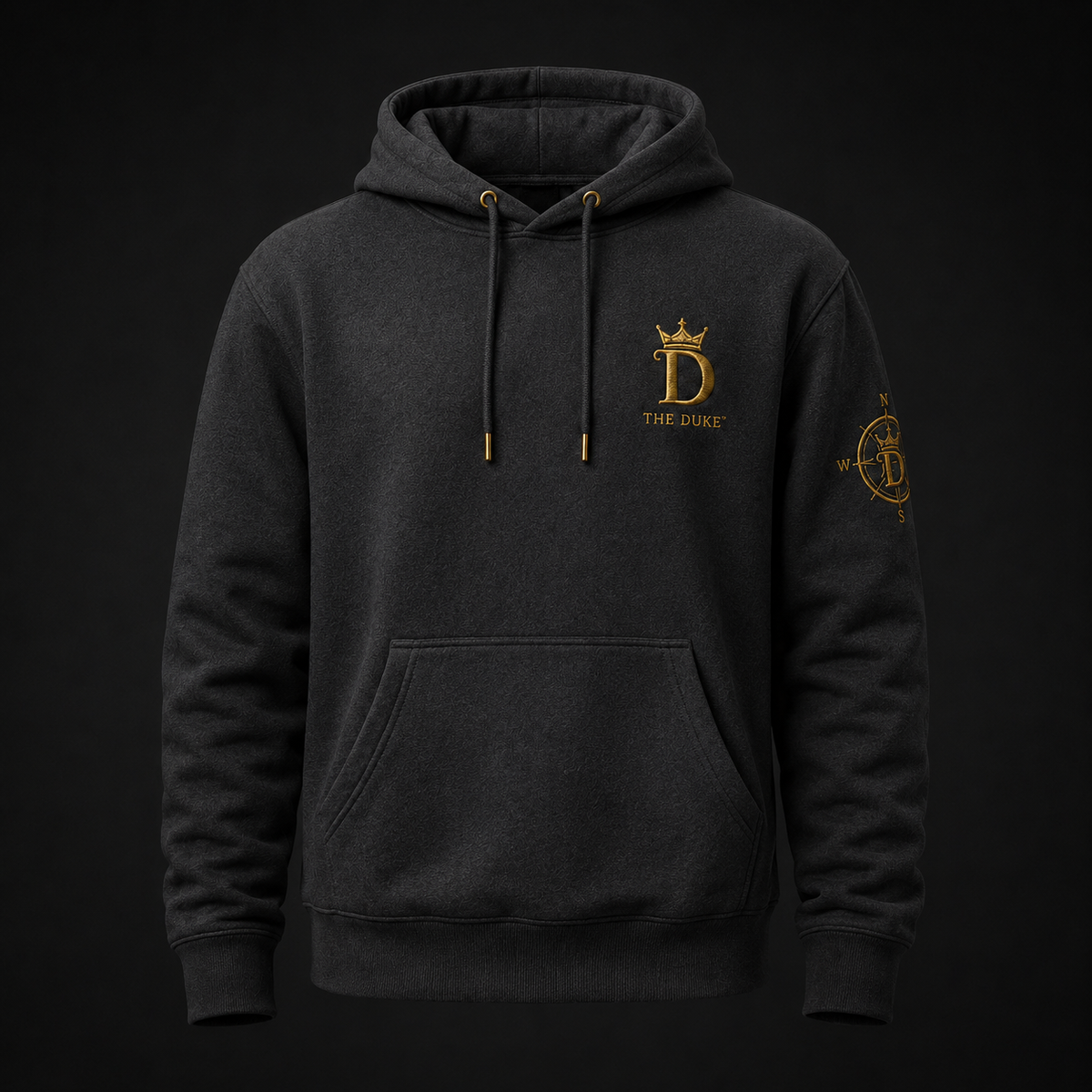 Concept render — charcoal Trust Yourself Again hoodie, pre-production visualization only