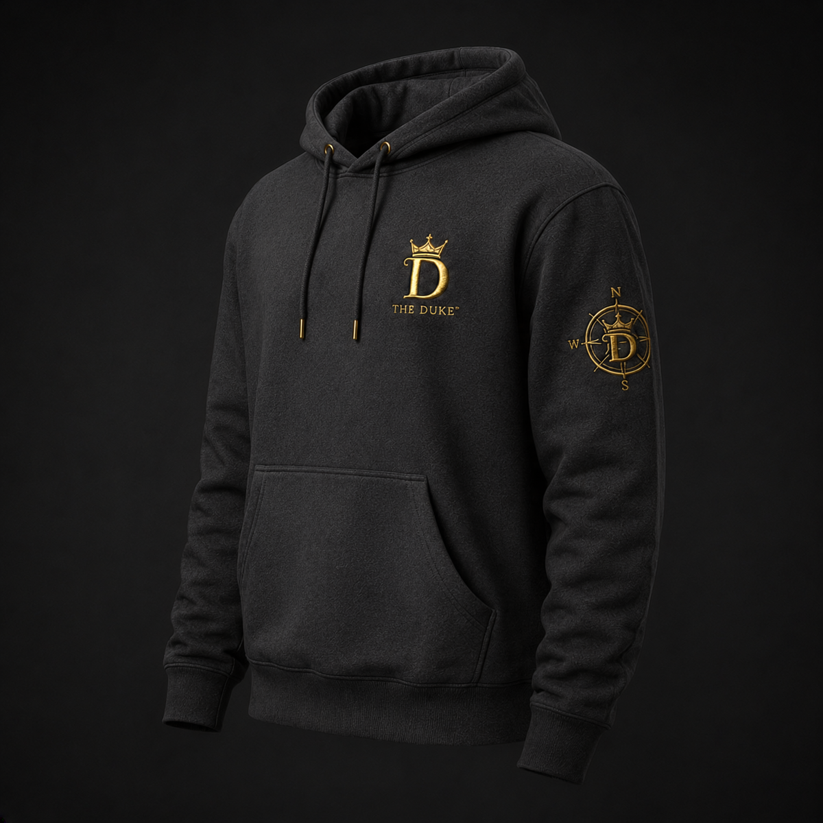 AI concept render — Charcoal Trust Yourself Again hoodie three-quarter profile direction, pre-production visualization only