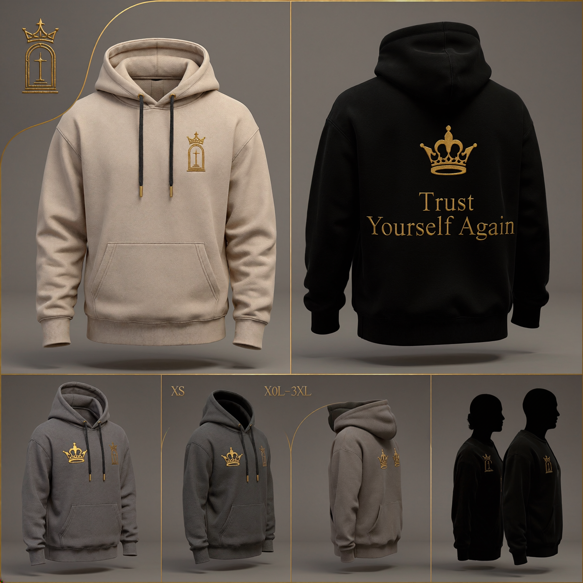 AI concept render — Trust Yourself Again hoodie variant and fit direction, pre-production visualization only