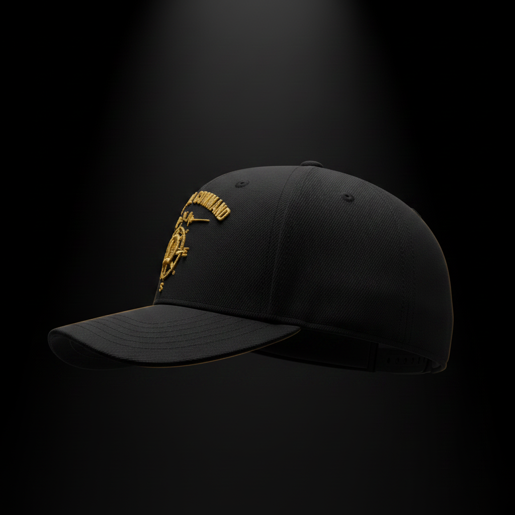 Internal Command Cap right side profile view, black dad cap with curved brim on dark studio background