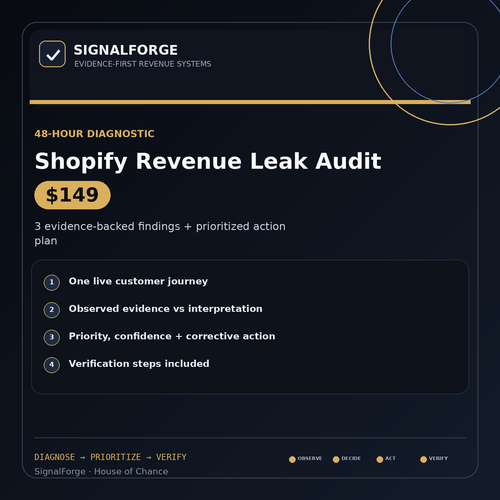SignalForge Shopify Revenue Leak Audit — three evidence-backed findings, action plan and verification steps