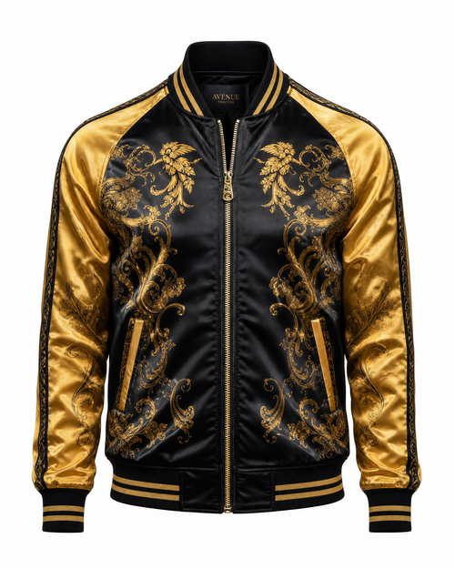 Gold-Onyx Silk Bomber Jacket